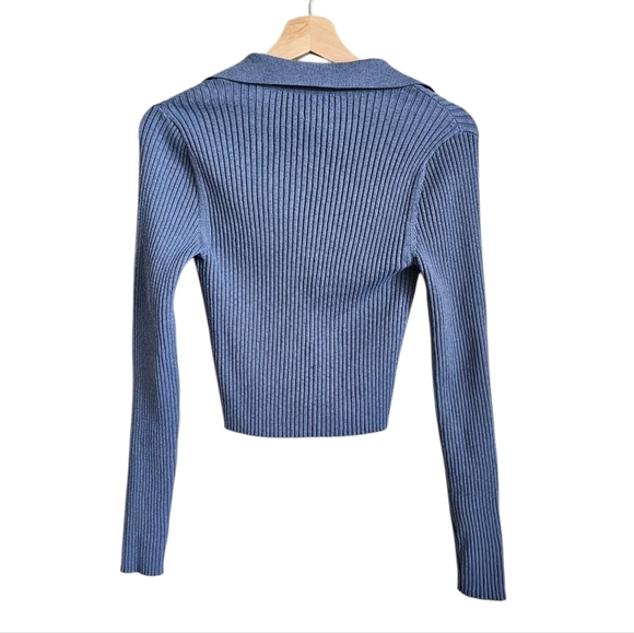 Aerie Blue Ribbed Knit Cropped Collared Sweater Top Size M - Picture 4 of 4
